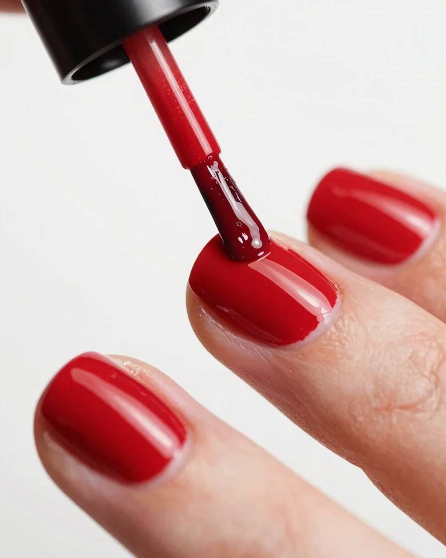 Macro close-up of a brush applying glossy, vibrant red gel polish